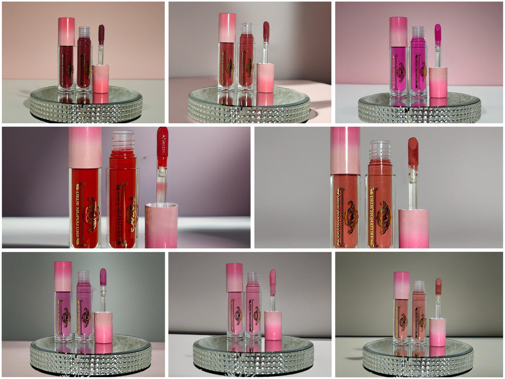 Collage of Fleur & Blush liquid blush products in eight shades — each panel shows two tubes and an applicator wand on a mirrored rhinestone tray