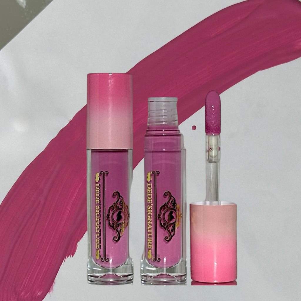Fleur & Blush Lilac Bloom liquid blush in shade Lilac Mist — two tubes with pink gradient caps and an applicator wand, against a white background with a diagonal pink paint stroke